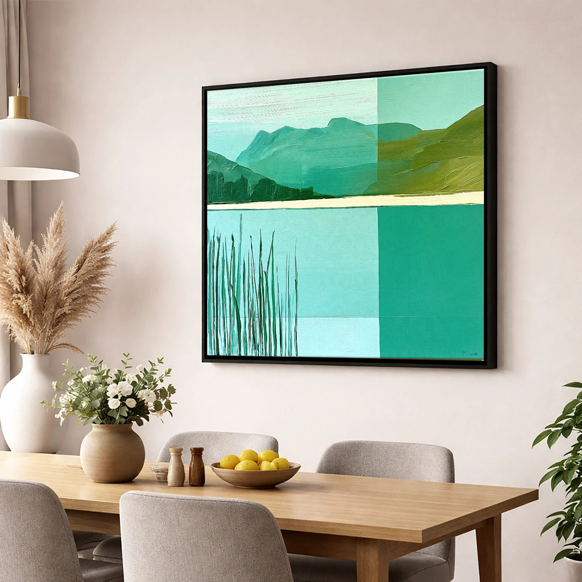 Teal Reeds at Elterwater lake district lake wall art displayed in a dining room