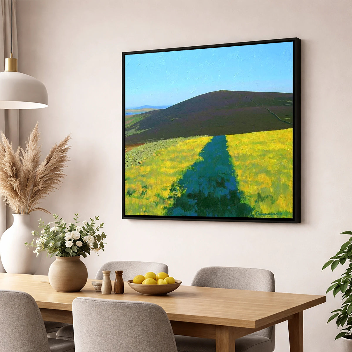 Vibrant Track To Great Calva lake district fell wall art displayed in a dining room