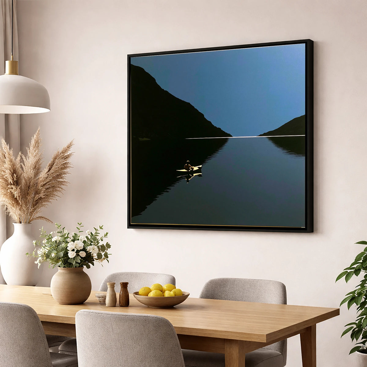 Illuminated Kayak on Dark Lake lake district walking wall art displayed in a dining room