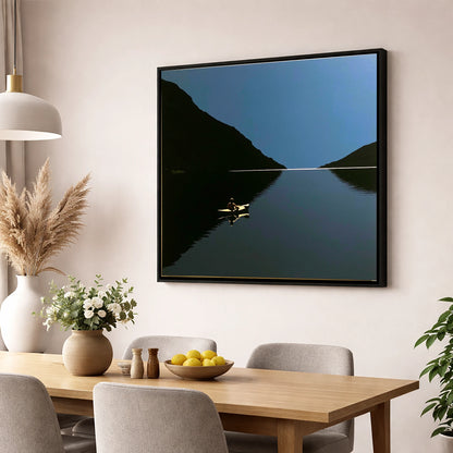Illuminated Kayak on Dark Lake lake district walking wall art displayed in a dining room