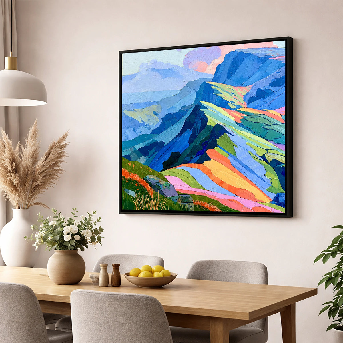 Vivid Hues On Misty Ridge lake district fell wall art displayed in a dining room