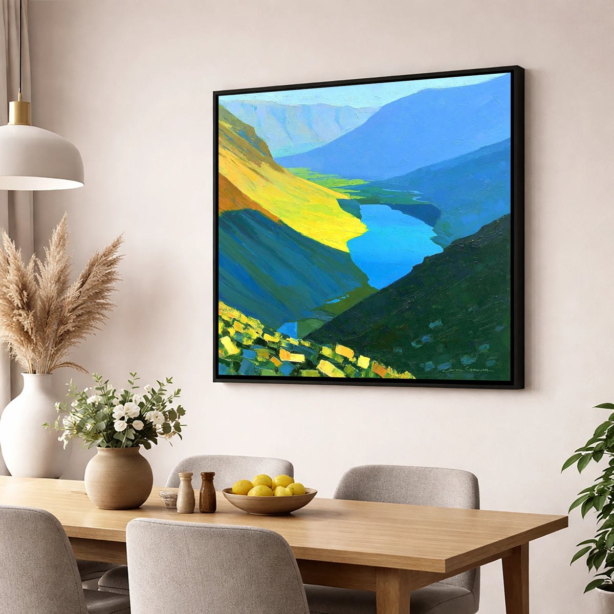 Vibrant Summit View Over Valley Lake lake district fell wall art displayed in a dining room