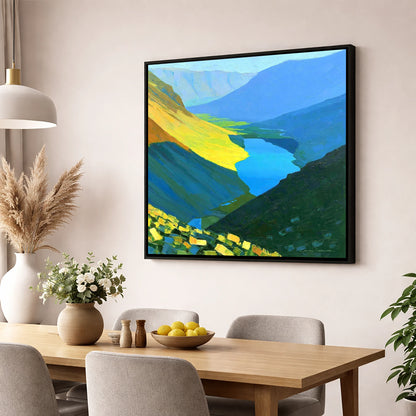 Vibrant Summit View Over Valley Lake lake district fell wall art displayed in a dining room