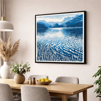 Cobalt Dawn Over the Lake lake district lake wall art displayed in a dining room