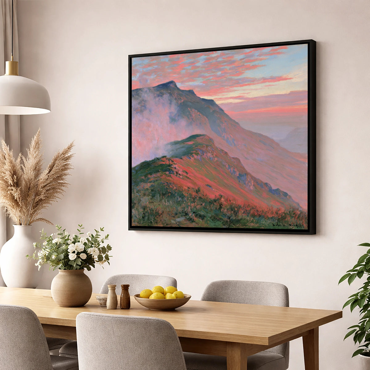 Mountain Ridge in Coral Mist lake district fell wall art displayed in a dining room