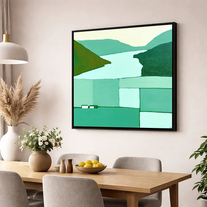 Abstract Loweswater In Mint Green lake district lake wall art displayed in a dining room