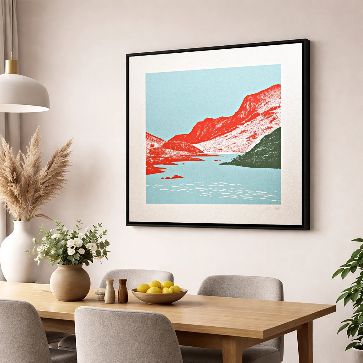Red Fells of Eskdale Valley lake district valley wall art displayed in a dining room