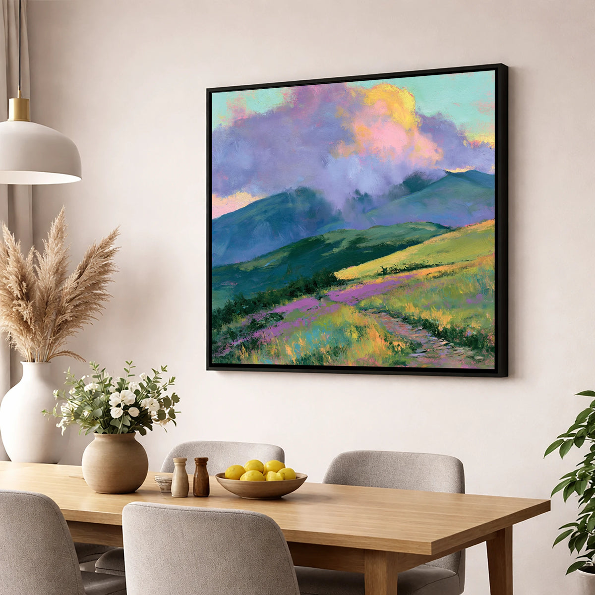 Rolling Fells Under Luminous Clouds lake district fell wall art displayed in a dining room