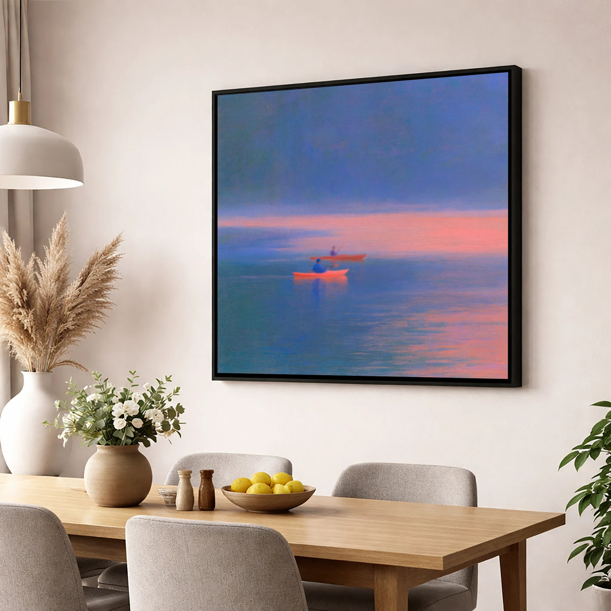 Twilight Kayaks on the Lake lake district walking wall art displayed in a dining room