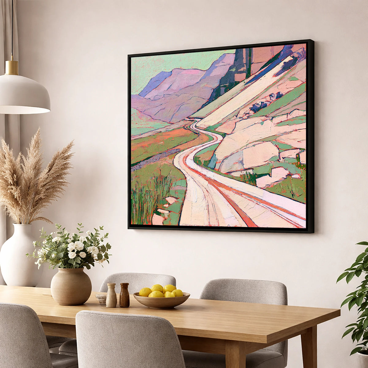 Vibrant Winding Mountain Pass lake district valley wall art displayed in a dining room