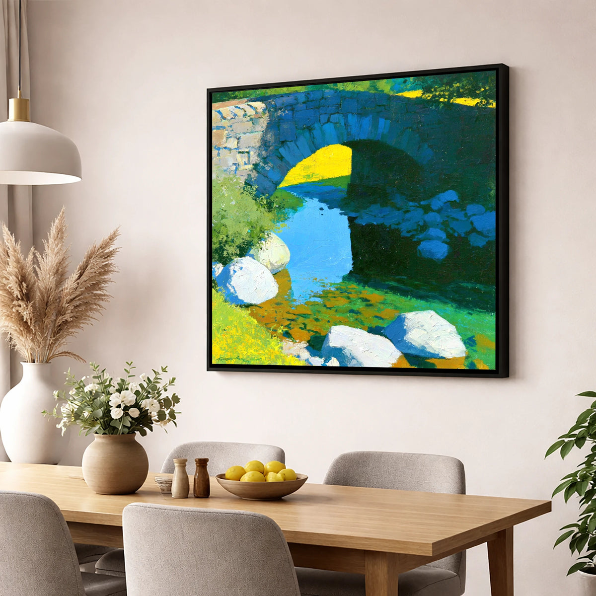 Vibrant Stone Bridge over Sunlit Beck lake district waterfall wall art displayed in a dining room