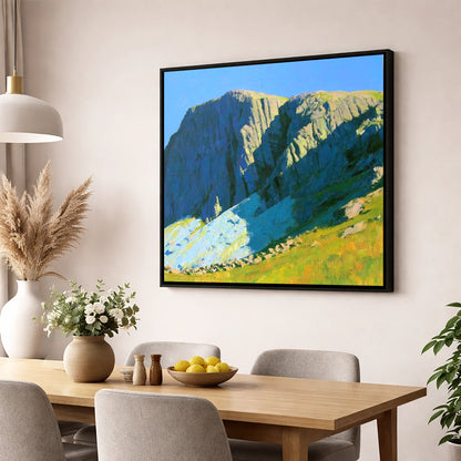 Sunlit Great End Rock Face lake district fell wall art displayed in a dining room