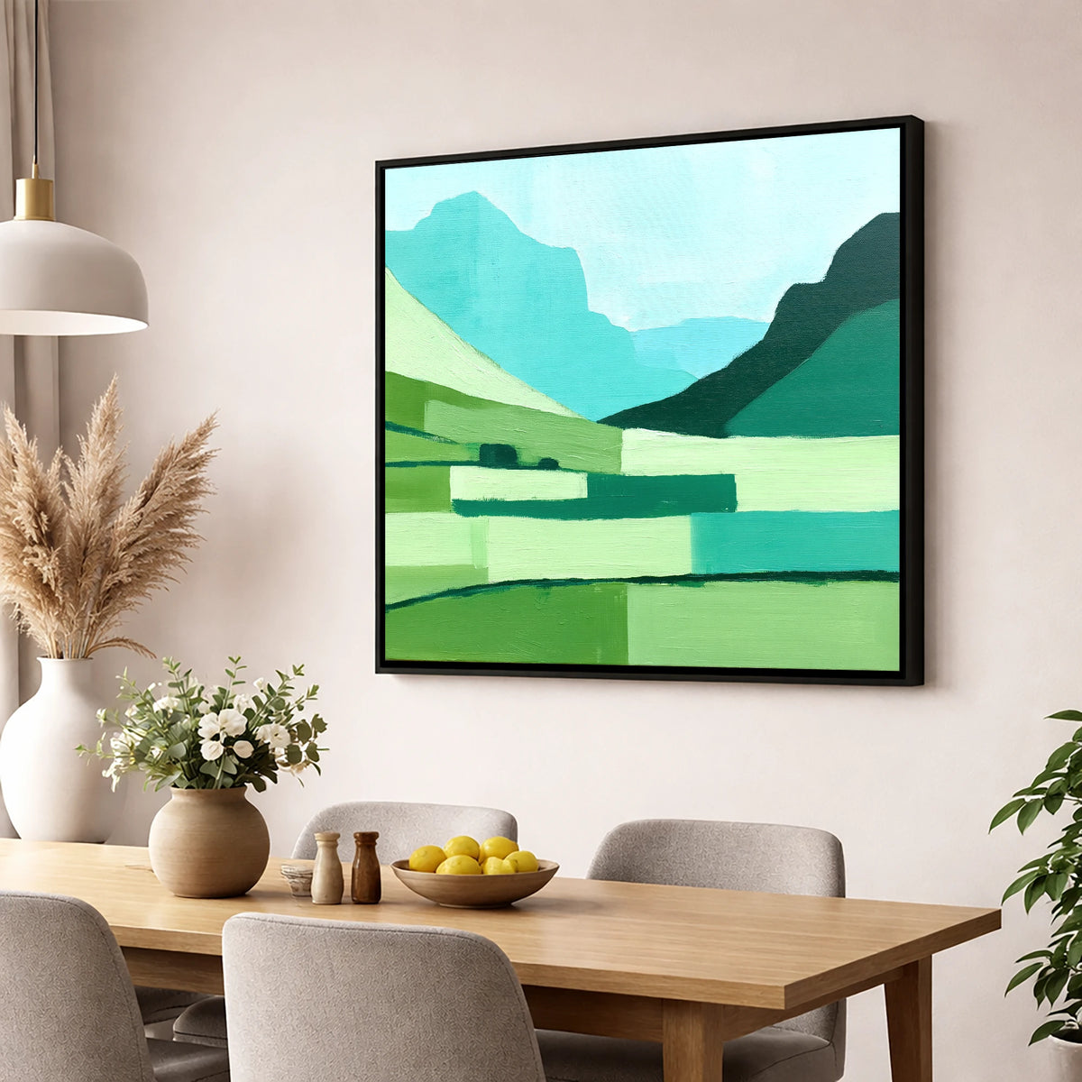 Abstract Great Langdale Valley lake district valley wall art displayed in a dining room
