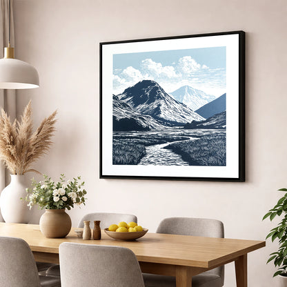 Scafell Pike in Deep Navy lake district fell wall art displayed in a dining room