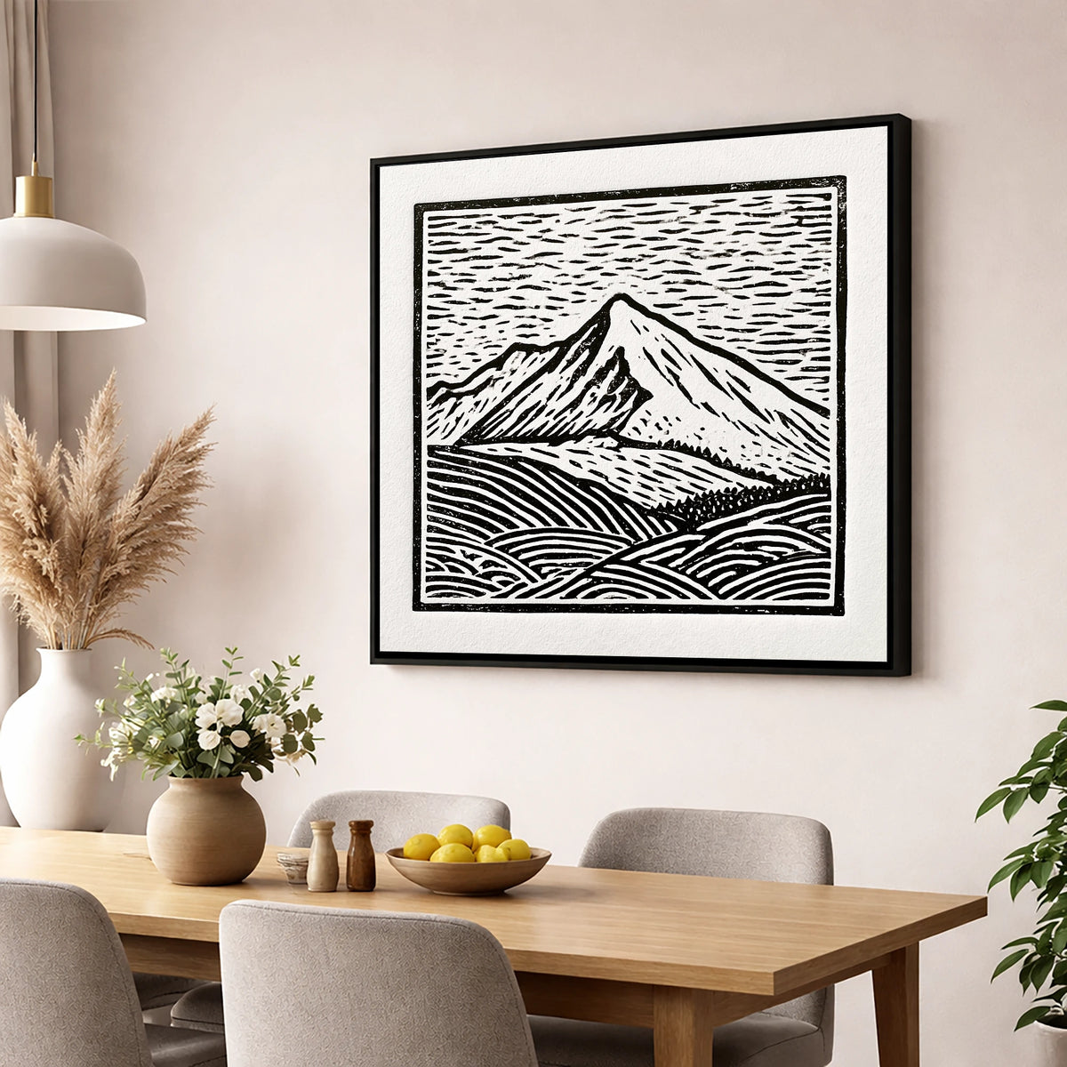Stark Monochrome Skiddaw Peak lake district fell wall art displayed in a dining room