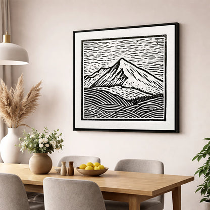 Stark Monochrome Skiddaw Peak lake district fell wall art displayed in a dining room