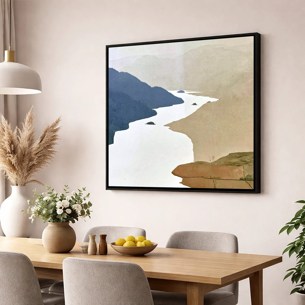 Winding Ullswater and Wooded Islands lake district lake wall art displayed in a dining room