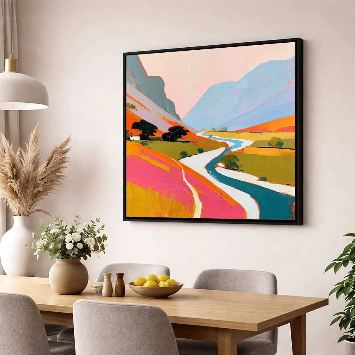 Vibrant River Winding Through Fells lake district waterfall wall art displayed in a dining room