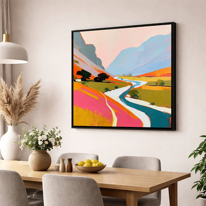 Vibrant River Winding Through Fells lake district waterfall wall art displayed in a dining room