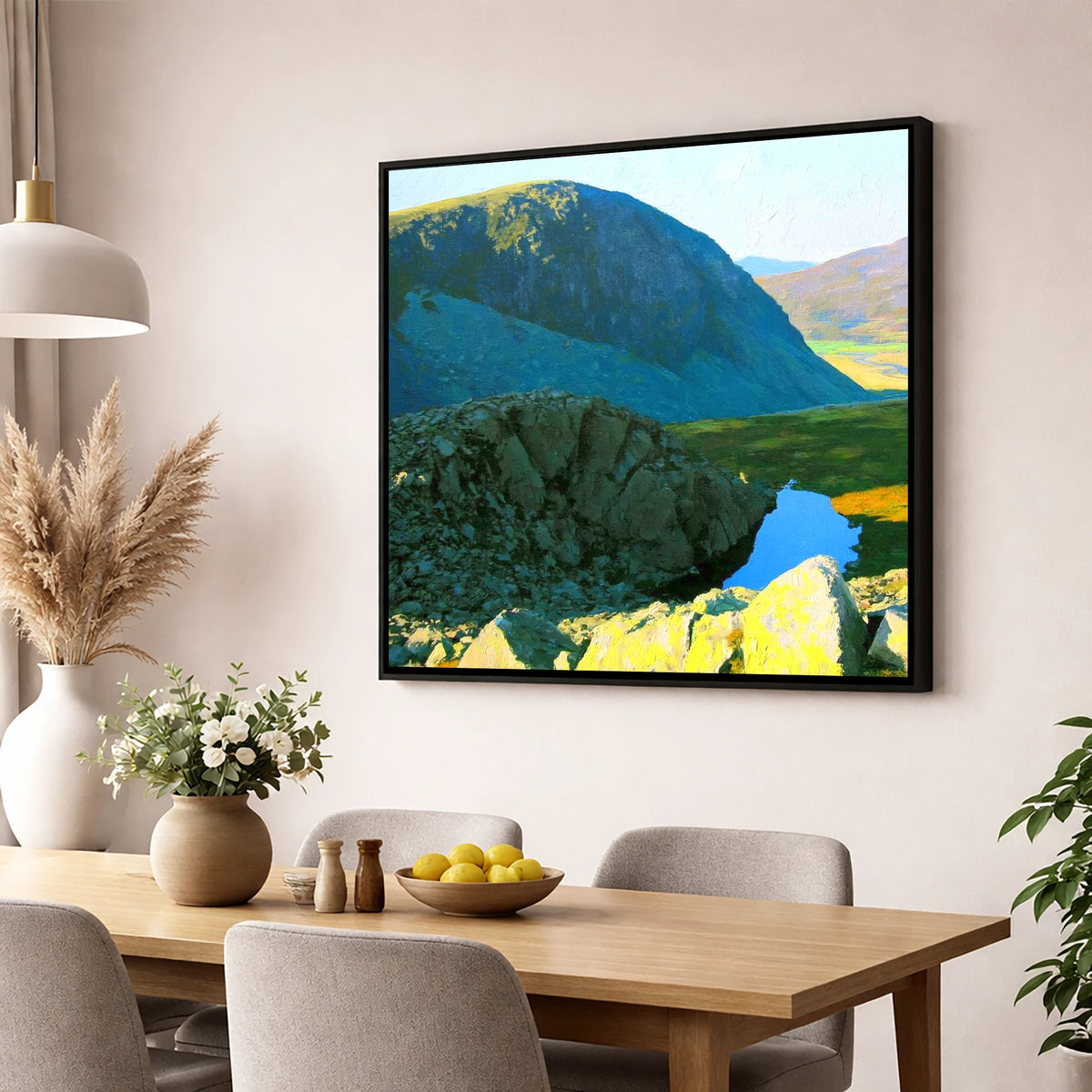High Crag and Sunlit Tarn lake district fell wall art displayed in a dining room