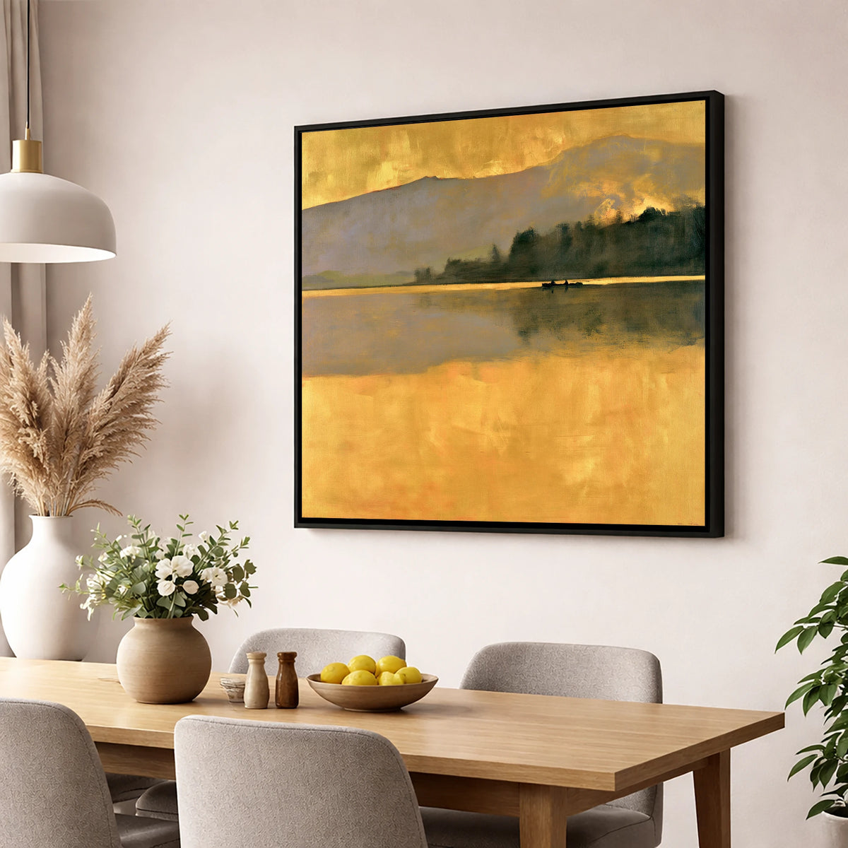 Still Lake in Golden Dawn lake district lake wall art displayed in a dining room