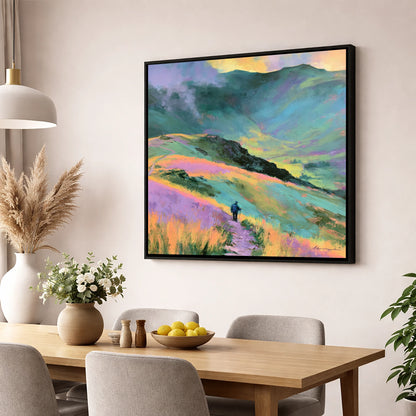 Lone Hiker on Pastel Fells lake district walking wall art displayed in a dining room