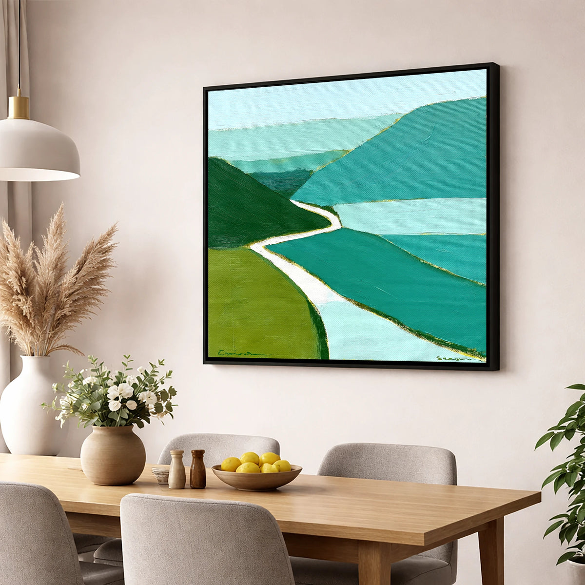 Winding Mountain Pass in Teal lake district valley wall art displayed in a dining room