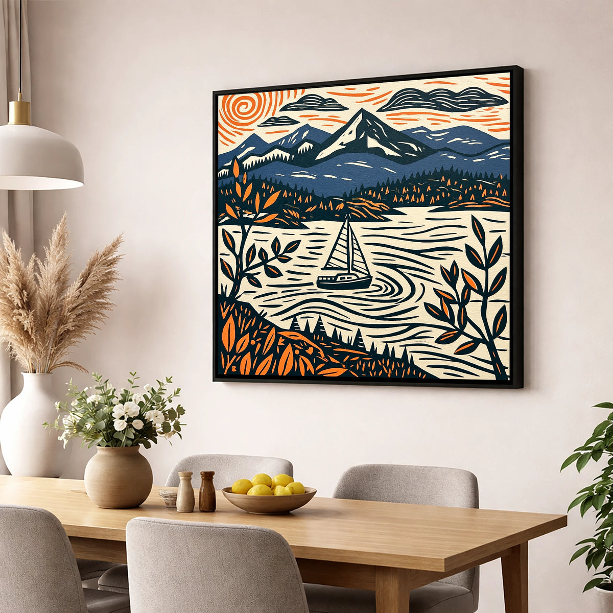 Navy and Orange Windermere Sailboat lake district lake wall art displayed in a dining room