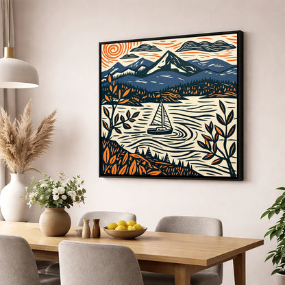 Navy and Orange Windermere Sailboat lake district lake wall art displayed in a dining room