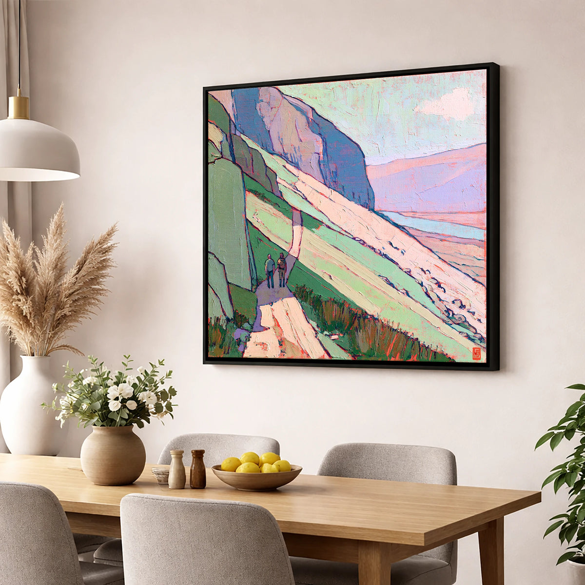 Textured Mountain Path With Walkers lake district walking wall art displayed in a dining room