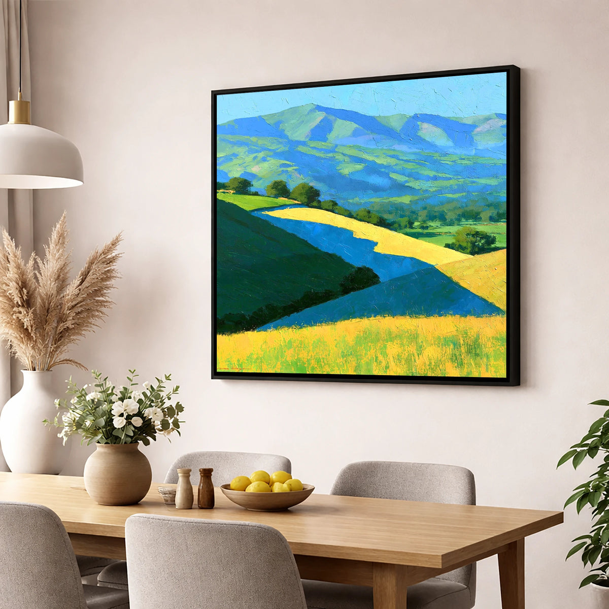 Sunlight and Cloud Shadows over Fells lake district sky wall art displayed in a dining room