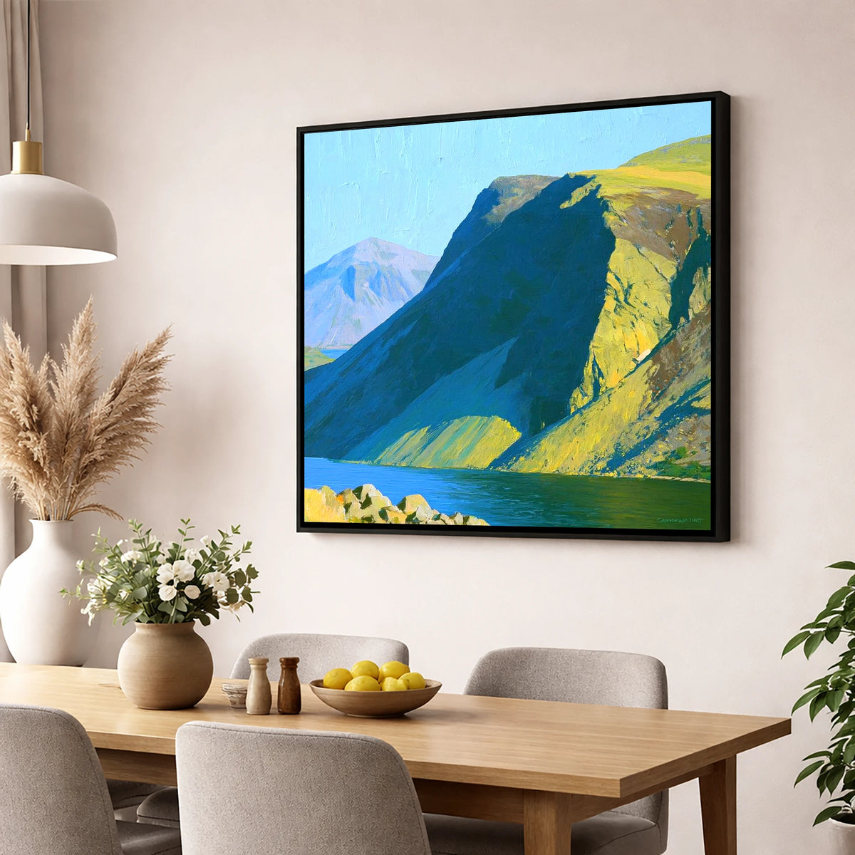 Vibrant Yewbarrow Ridge and Lake lake district fell wall art displayed in a dining room
