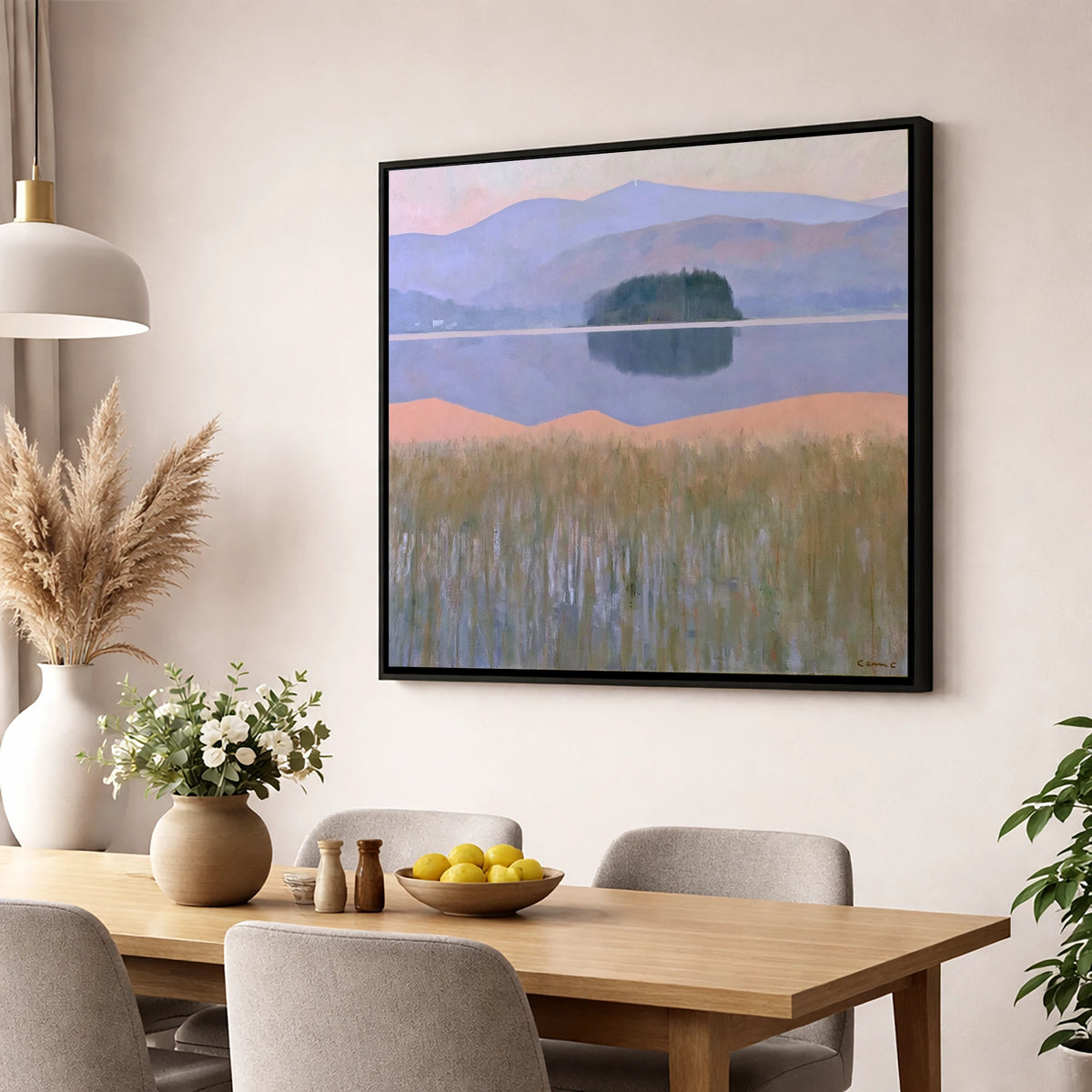 Grasmere Island and Pastel Fells lake district lake wall art displayed in a dining room