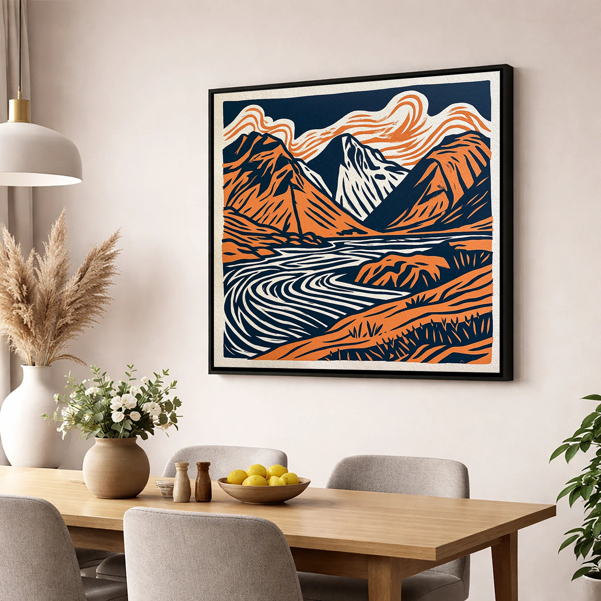 Bold Scafell Pike in Terracotta lake district fell wall art displayed in a dining room