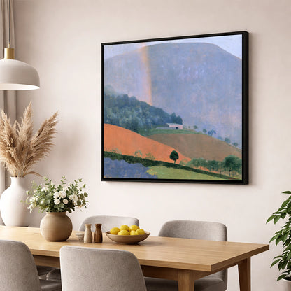 Fell Barn Under a Rainbow lake district sky wall art displayed in a dining room