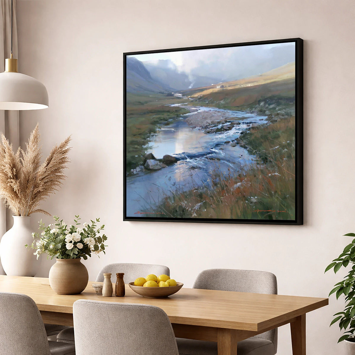 Winding Valley River in Sunlight lake district waterfall wall art displayed in a dining room