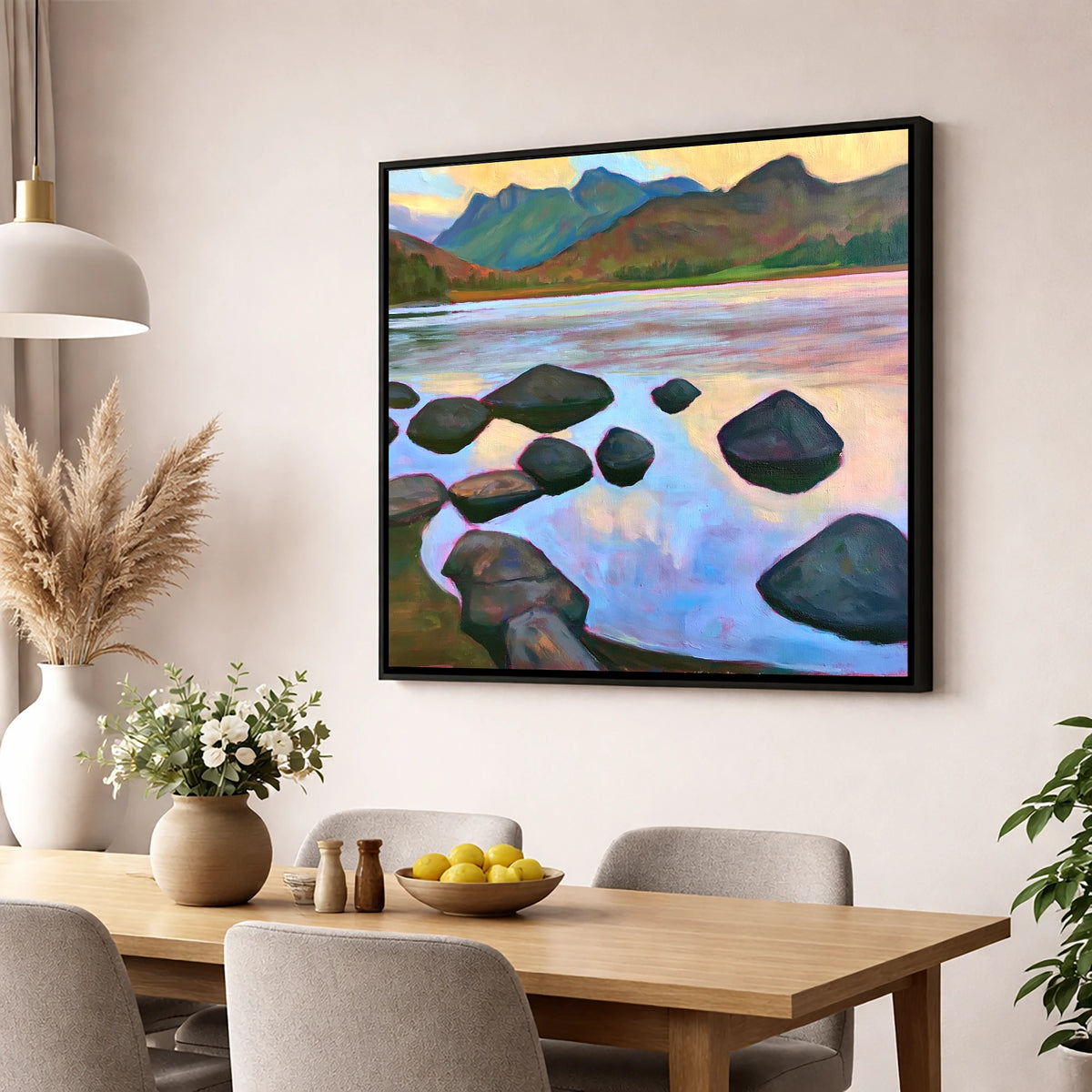 Elterwater Rocks at Sunset lake district lake wall art displayed in a dining room