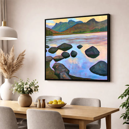 Elterwater Rocks at Sunset lake district lake wall art displayed in a dining room