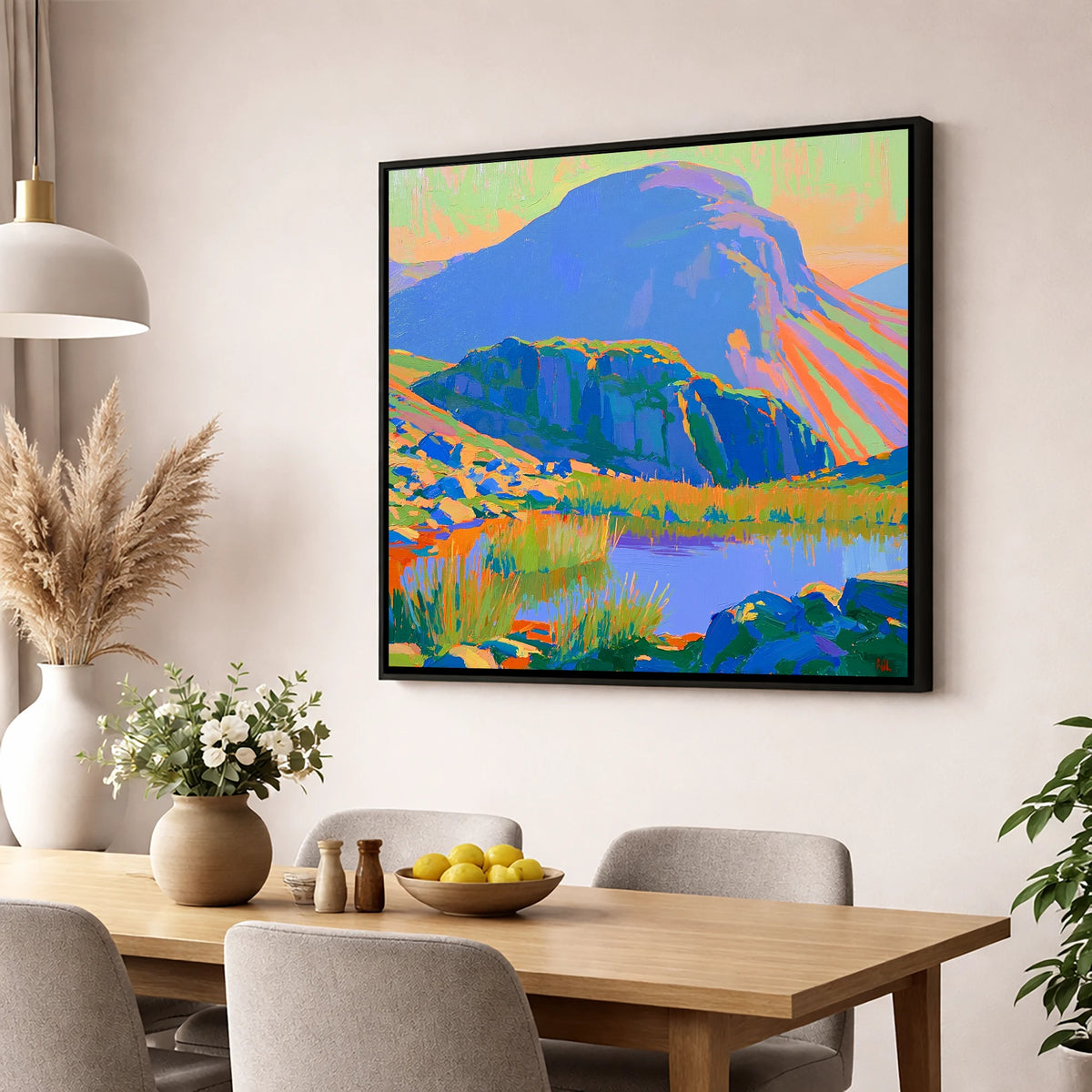 Vibrant Light on Haystacks Tarn lake district fell wall art displayed in a dining room