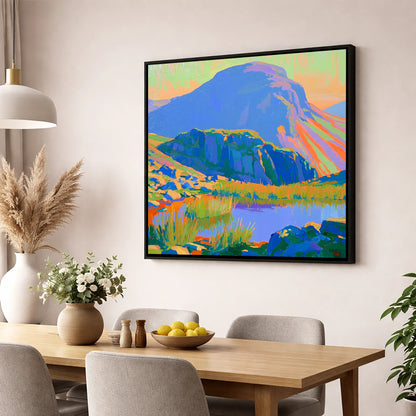 Vibrant Light on Haystacks Tarn lake district fell wall art displayed in a dining room