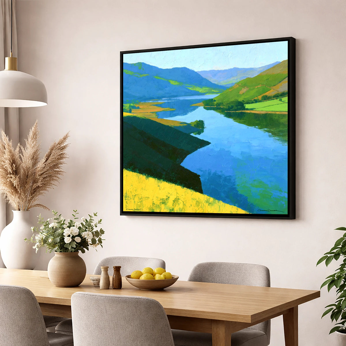Cerulean Lake and Bright Summer Fells lake district lake wall art displayed in a dining room