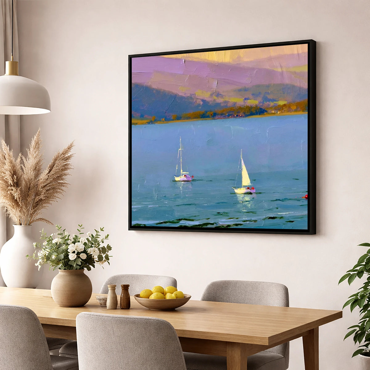 Windermere Sailboats against Lavender Fells lake district lake wall art displayed in a dining room