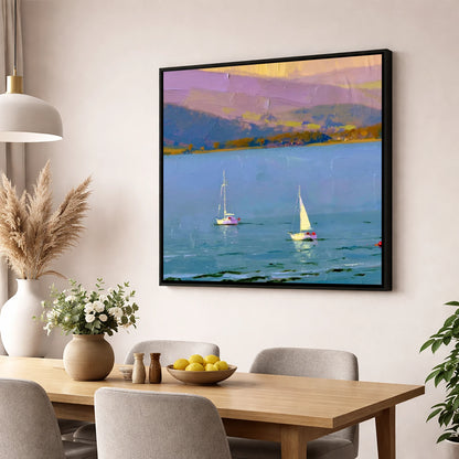Windermere Sailboats against Lavender Fells lake district lake wall art displayed in a dining room