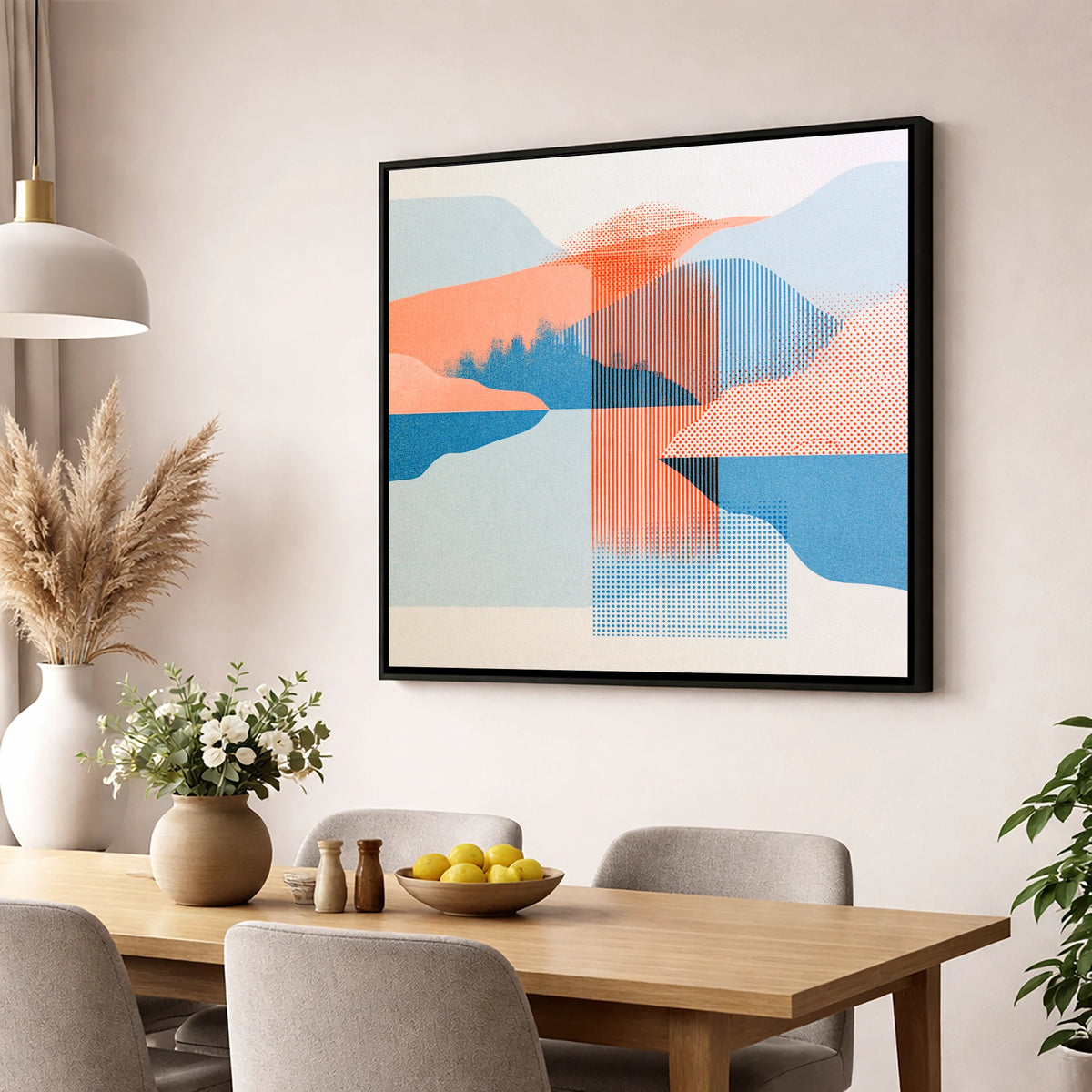 Geometric Lake and Fell Reflections lake district lake wall art displayed in a dining room