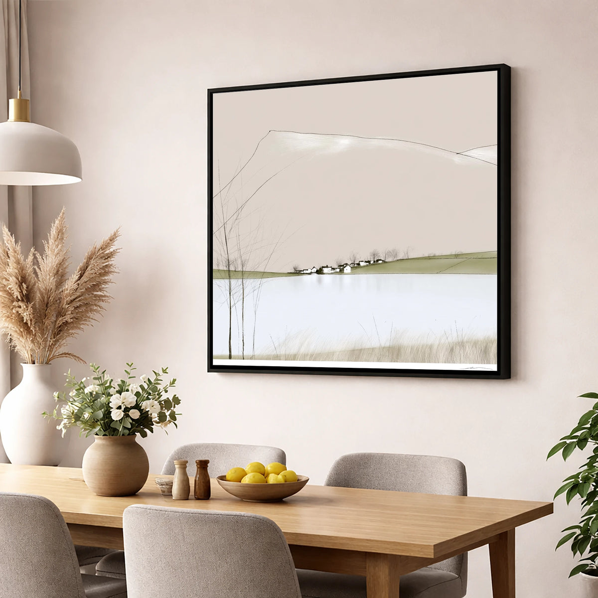 Minimalist Pooley Bridge and Lake lake district village wall art displayed in a dining room
