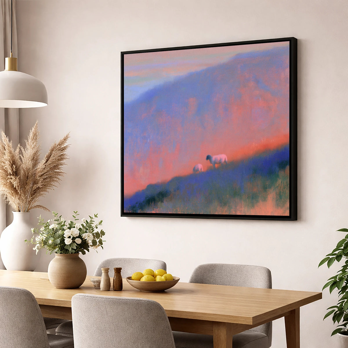Herdwick Sheep on Twilight Fellside lake district wildlife wall art displayed in a dining room