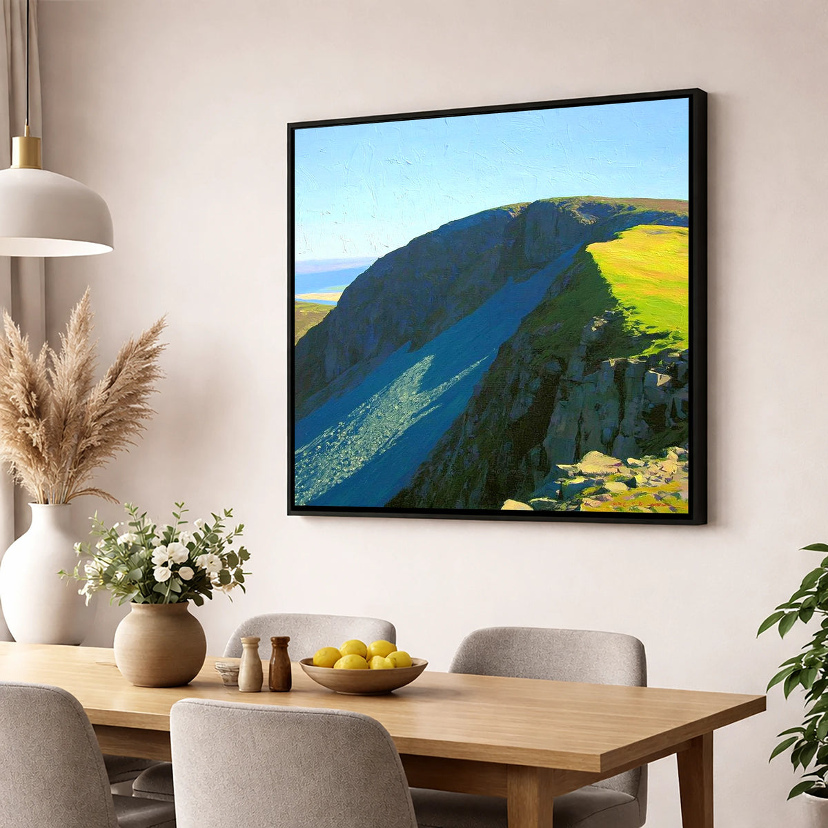 Sunlit Ridge on Swirl How lake district fell wall art displayed in a dining room