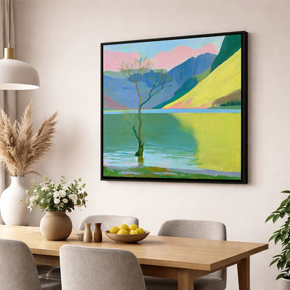 Buttermere Tree Under Pink Skies lake district lake wall art displayed in a dining room