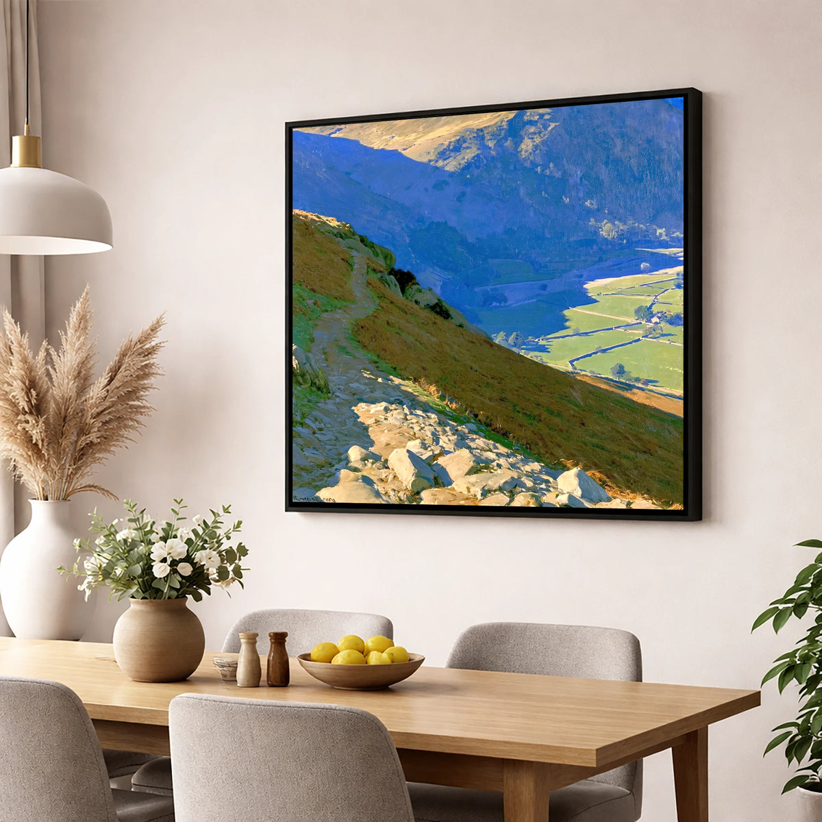 Stony Descent to Patterdale Valley lake district village wall art displayed in a dining room