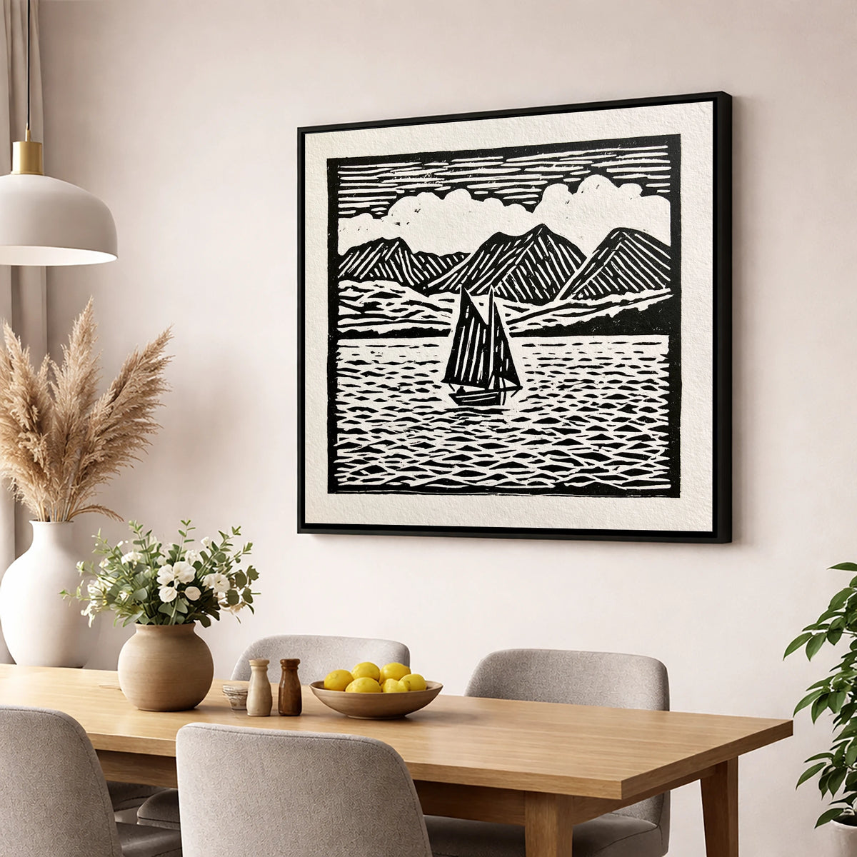 Monochrome Sailing Boat on Windermere lake district lake wall art displayed in a dining room